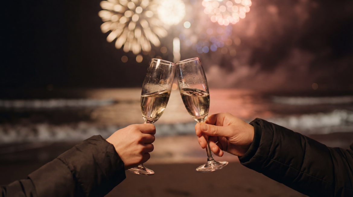 Two people clinking champagne glasses on a beach with fireworks in the background.
