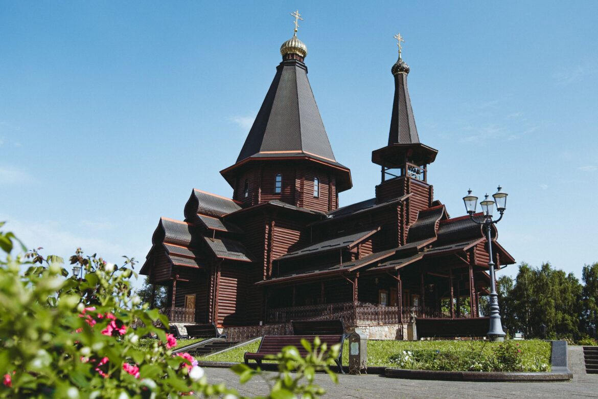 Breathtaking view of the Holy Trinity Church, a wooden architectural marvel in Minsk, Belarus.