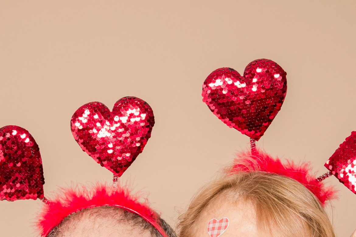 Close-up of heart-shaped headbands, perfect for Valentine's Day celebration.