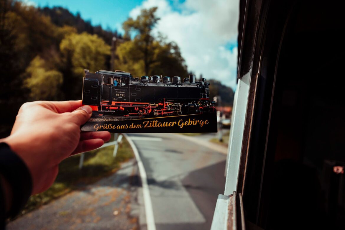 Souvenir of a steam train held with Zittauer Gebirge in the background near Oybin, Germany.